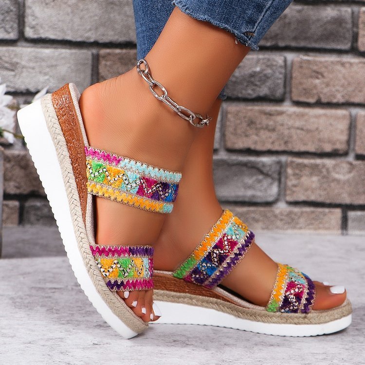 Ethnic Style Woven Sandals: Fashionable Wavy Pattern with Linen Bottom, Wide Strap Wedges for Women in Summer Casual Wear