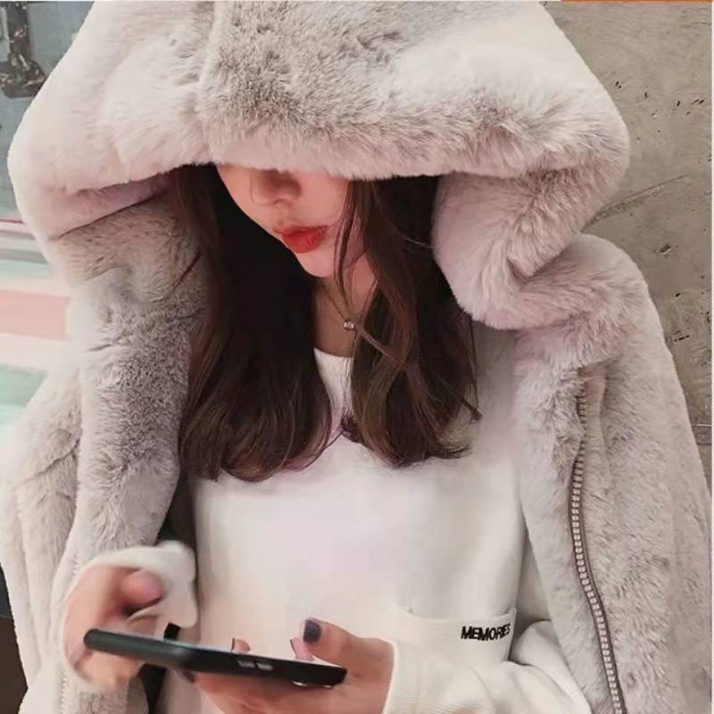 Women's Lamb Plush Hooded Loose Coat Jacket