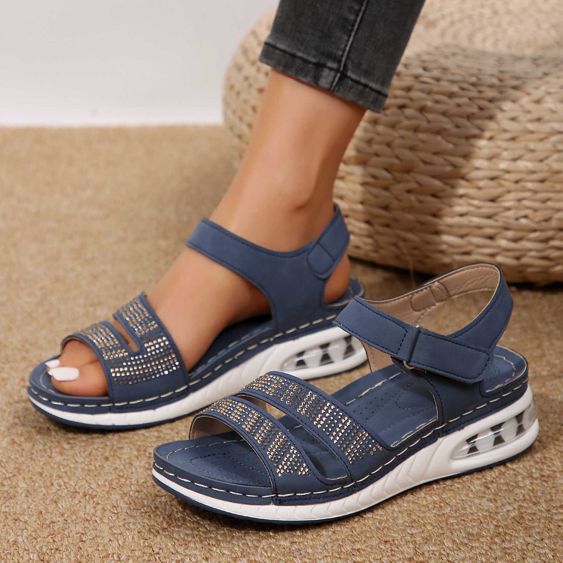 Summer Roman Rhinestone Wedge Sandals: Casual Air Cushion Beach Shoes for Women