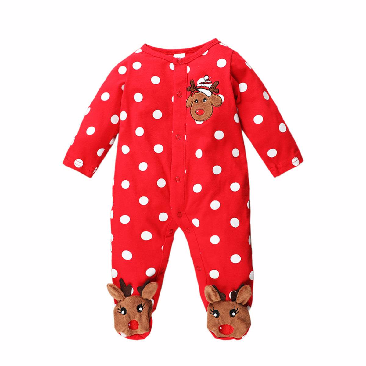 Cotton Polka Dot One-Piece Romper With Buttoned Round Neck Embroidered Deer Head One-piece