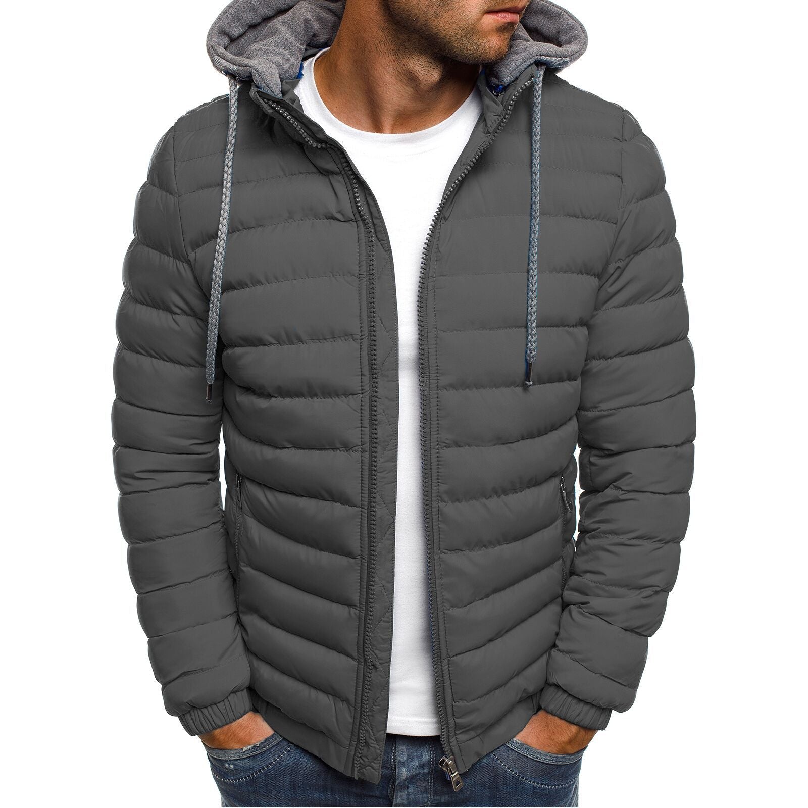 Padded Outdoor Hooded Jacket with Stand-Up Collar and Striped Design for Men