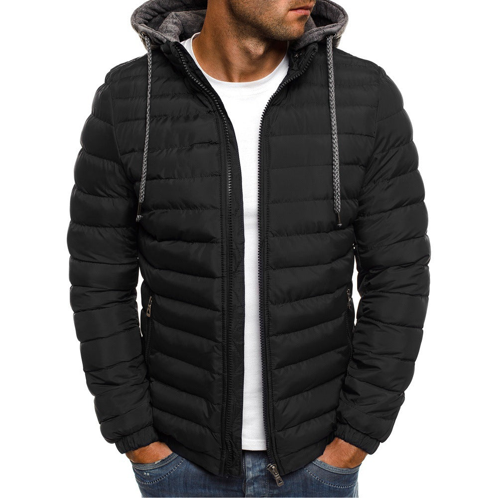 Padded Outdoor Hooded Jacket with Stand-Up Collar and Striped Design for Men