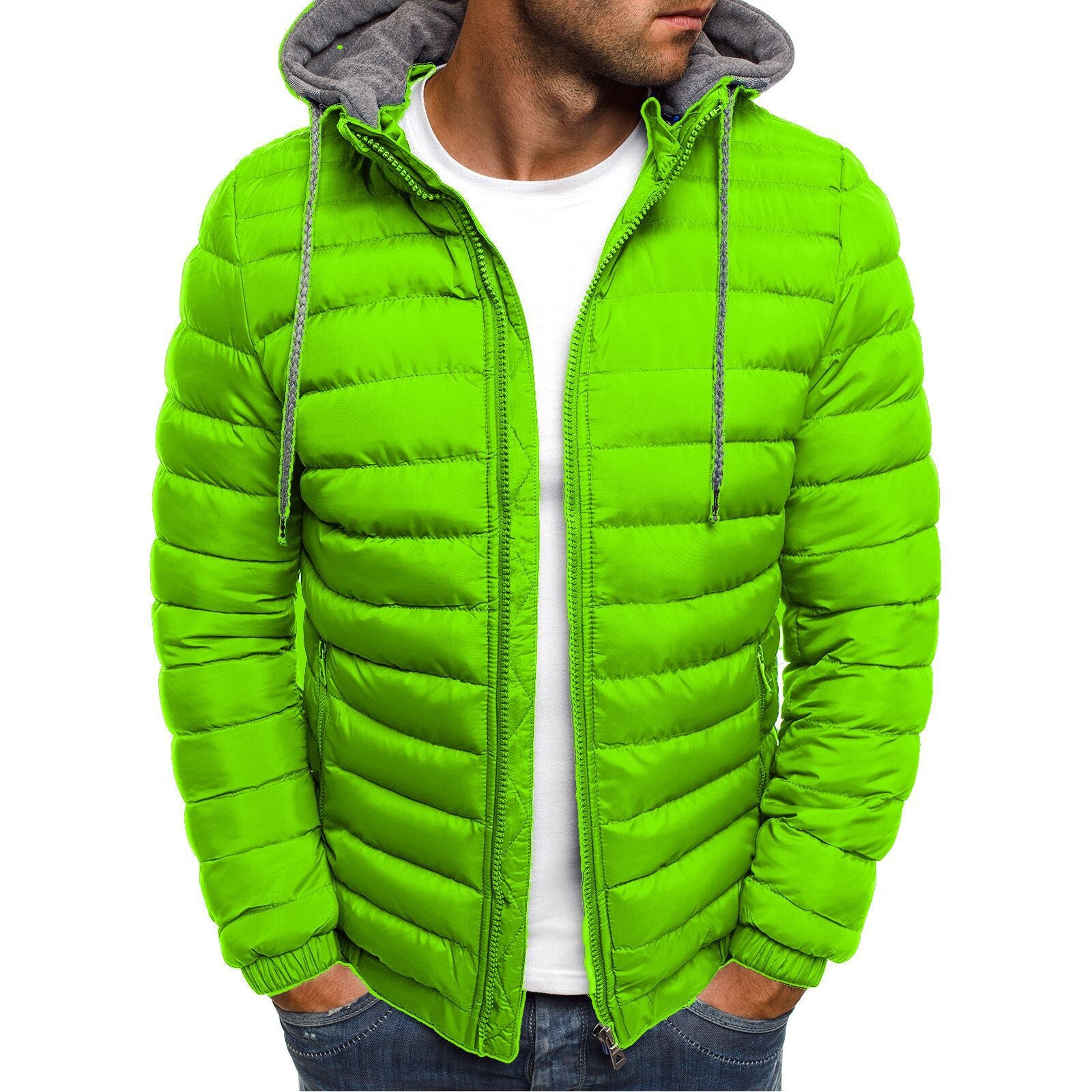 Padded Outdoor Hooded Jacket with Stand-Up Collar and Striped Design for Men