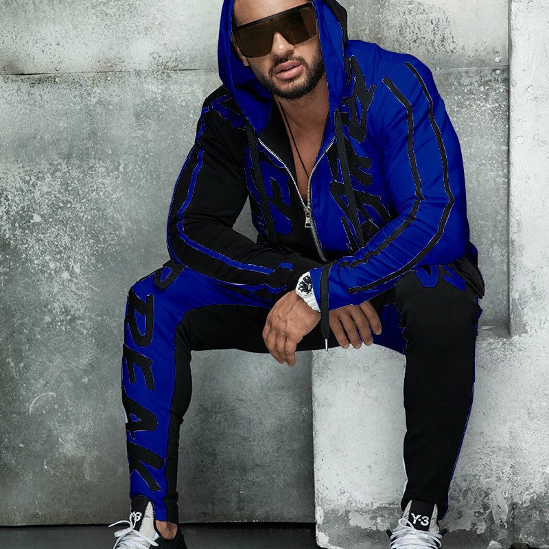 Sports Suit Hooded Letter Color Block Zipper