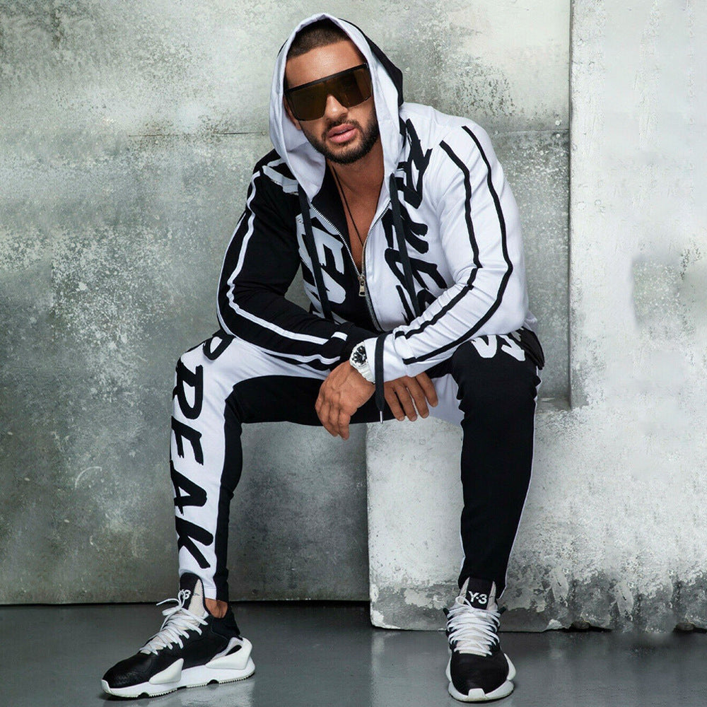 Sports Suit Hooded Letter Color Block Zipper