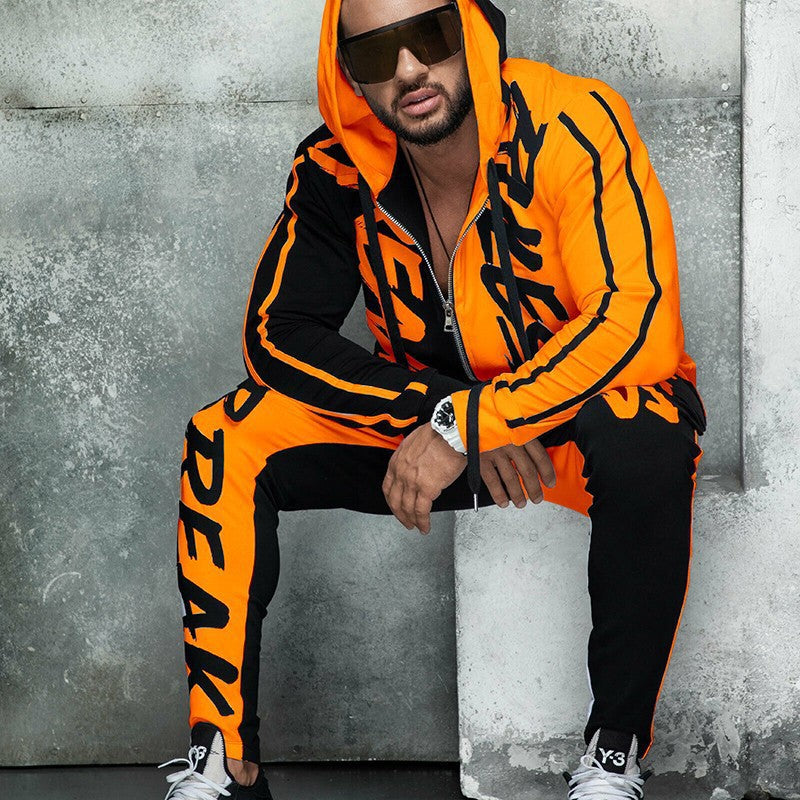 Sports Suit Hooded Letter Color Block Zipper