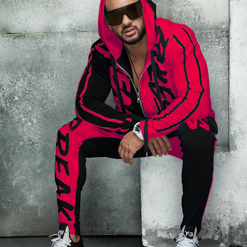 Sports Suit Hooded Letter Color Block Zipper