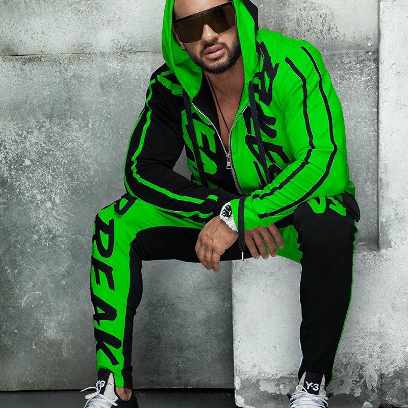 Sports Suit Hooded Letter Color Block Zipper