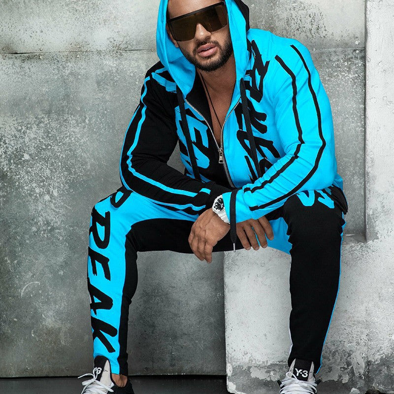 Sports Suit Hooded Letter Color Block Zipper