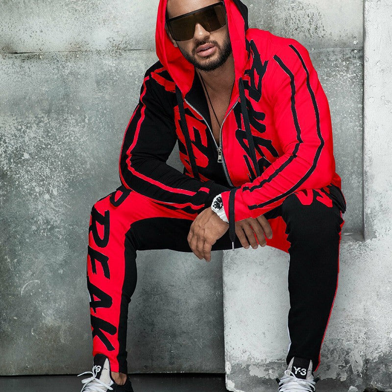 Sports Suit Hooded Letter Color Block Zipper