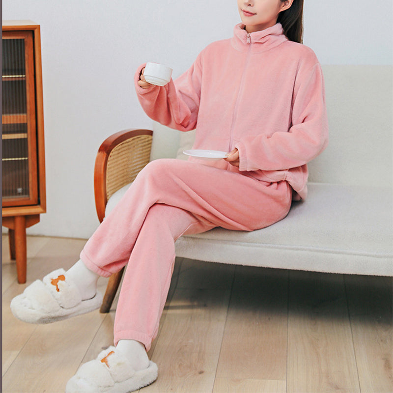 Winter Pajamas Sets Homewear With Pockets Design Thickened Coral Velvet Stand Collar Warm Pajamas Indoor Outdoor Casual Clothes