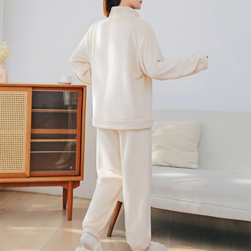 Winter Pajamas Sets Homewear With Pockets Design Thickened Coral Velvet Stand Collar Warm Pajamas Indoor Outdoor Casual Clothes