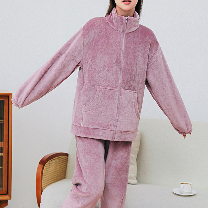 Winter Pajamas Sets Homewear With Pockets Design Thickened Coral Velvet Stand Collar Warm Pajamas Indoor Outdoor Casual Clothes