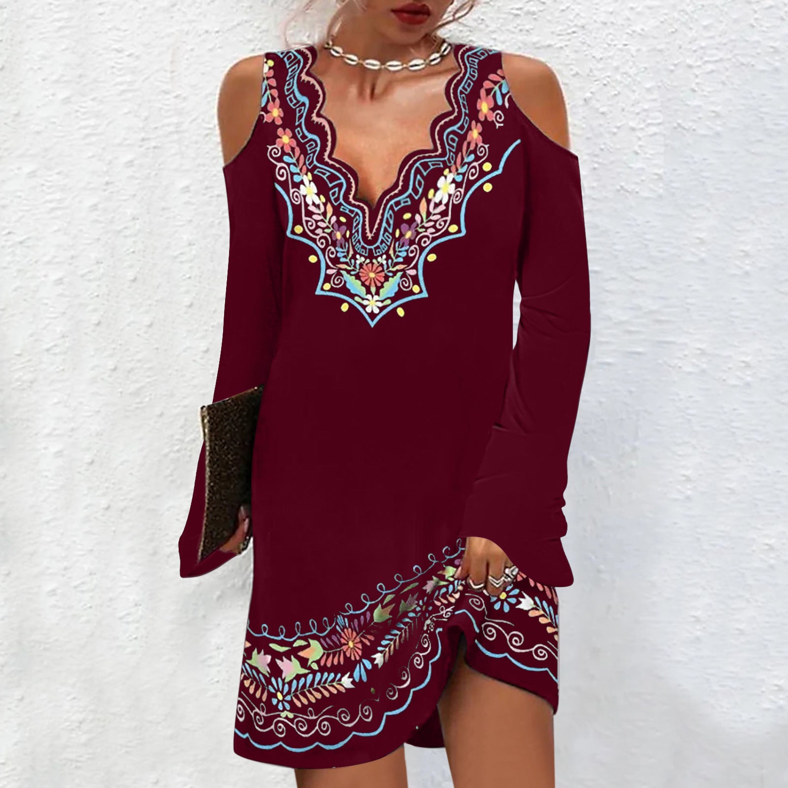 V-neck Off-shoulder Flared Long Sleeve Dress