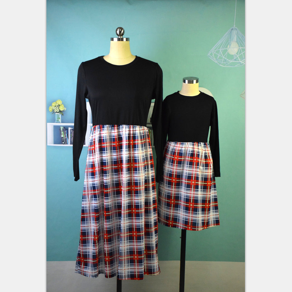 Nine-quarter Sleeve Plaid Mid-length Parent-child Skirt Dress