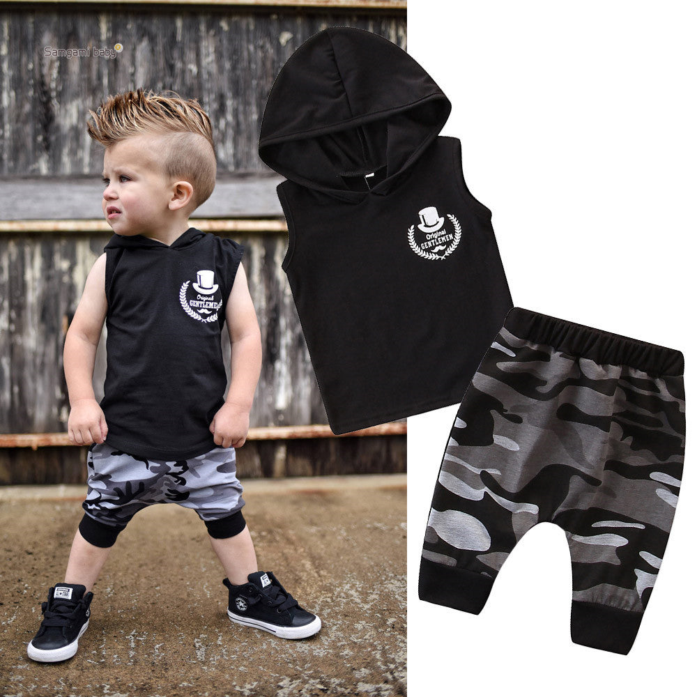 Two-Piece Toddler Boys' Sleeveless Hooded T-Shirt and Camo Pants Outfit Set