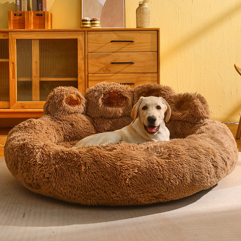 Round Large Pet House with Long Plush Deep Sleeping Area, Bear Paw Shape Super Soft Cushion Calm Beds for Dogs and Cats