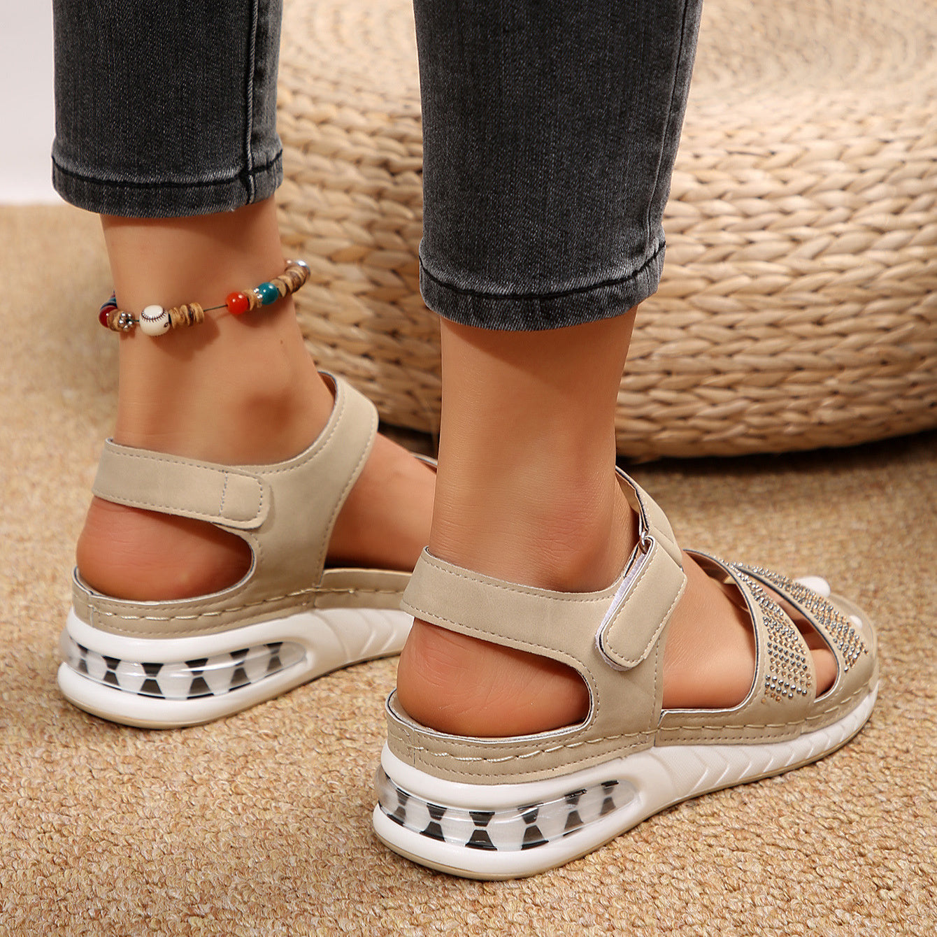 Summer Roman Rhinestone Wedge Sandals: Casual Air Cushion Beach Shoes for Women