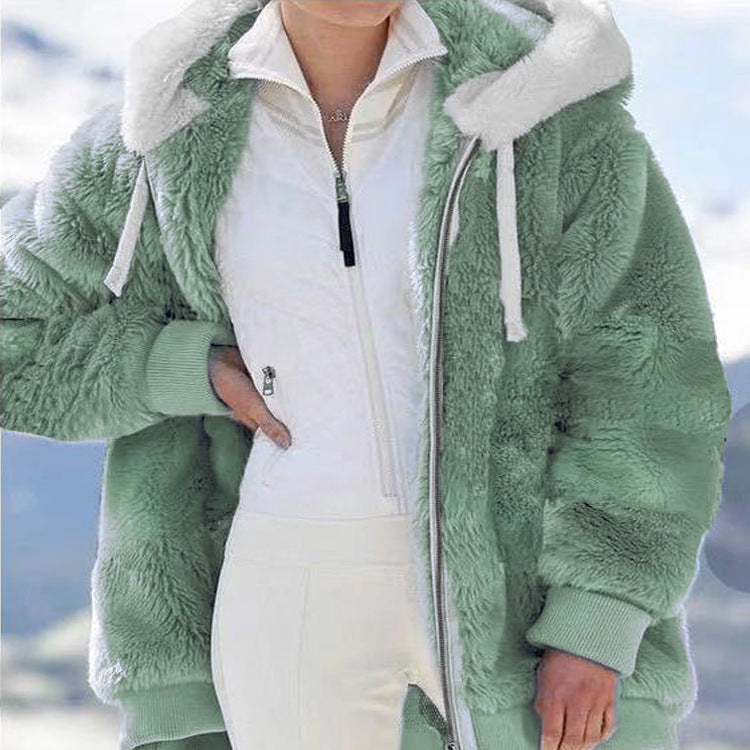 Plush Zipper Hooded Jacket for Women with a Relaxed Fit