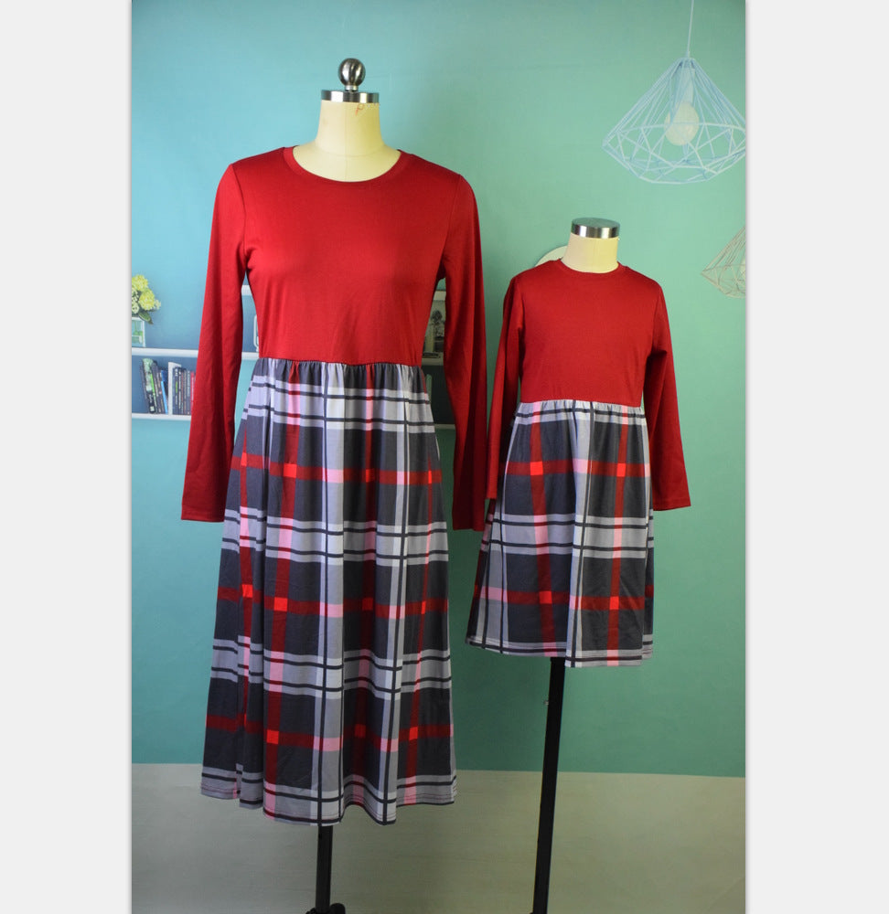 Nine-quarter Sleeve Plaid Mid-length Parent-child Skirt Dress