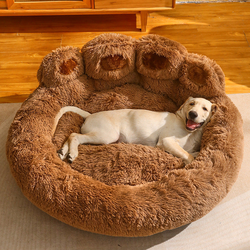 Round Large Pet House with Long Plush Deep Sleeping Area, Bear Paw Shape Super Soft Cushion Calm Beds for Dogs and Cats