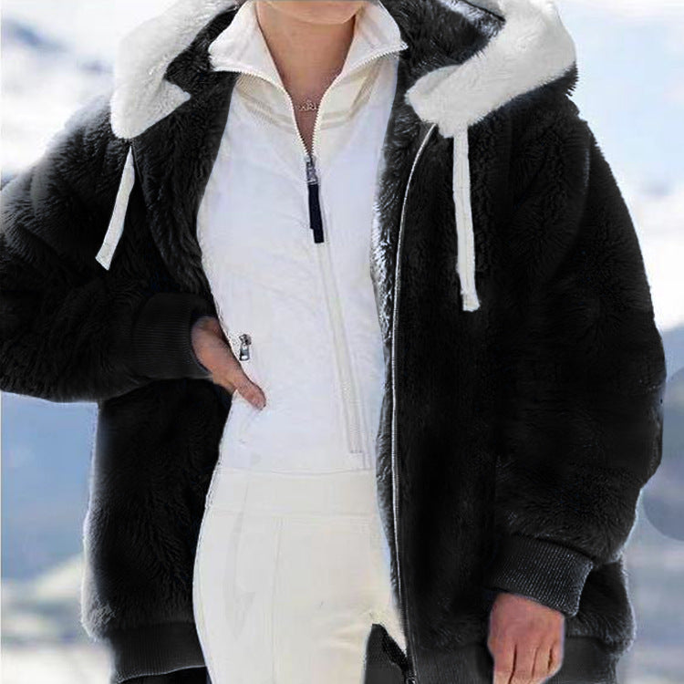 Plush Zipper Hooded Jacket for Women with a Relaxed Fit