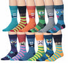 James Fiallo Men's 12-Pack of Crew Socks with Playful Facial Expressions and Striped, Vibrant Colors