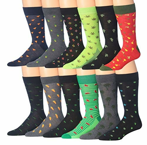 James Fiallo Men's 12-Pack of Crew Socks with Playful Facial Expressions and Striped, Vibrant Colors