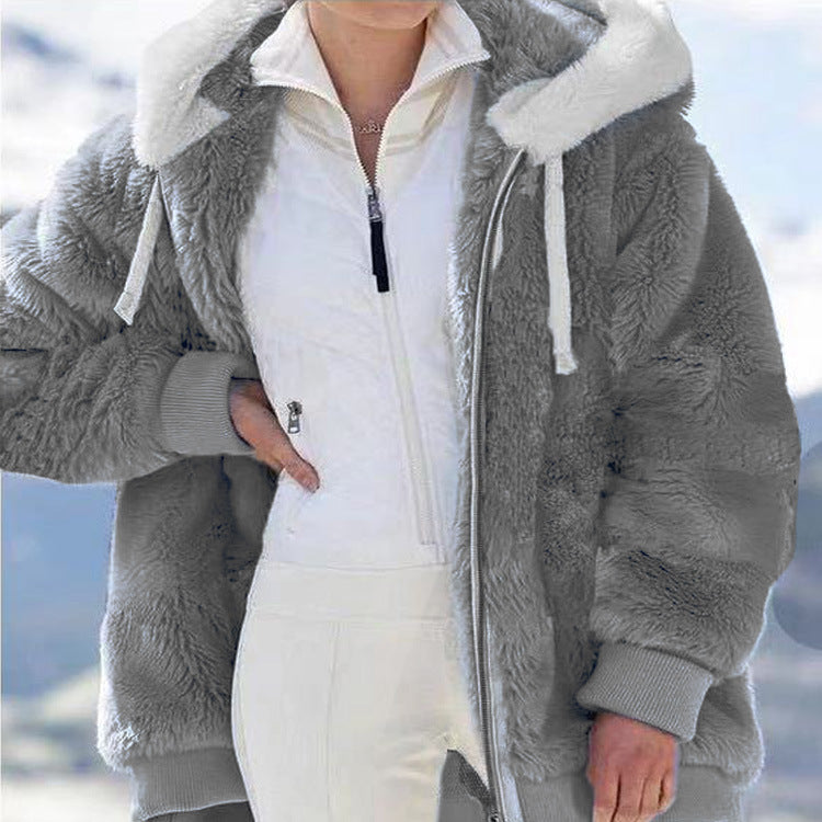 Plush Zipper Hooded Jacket for Women with a Relaxed Fit