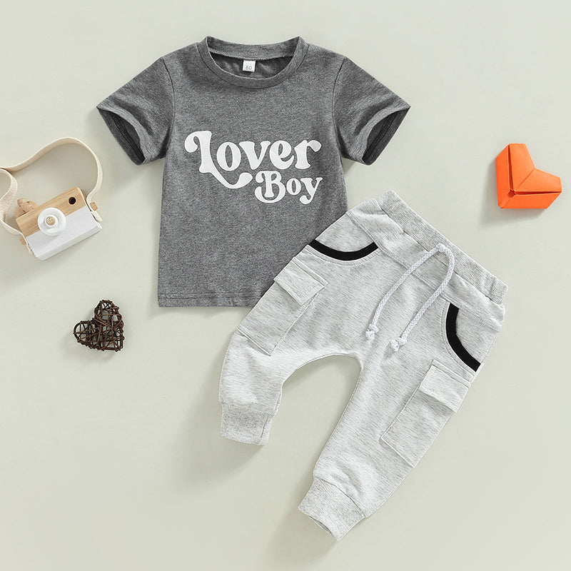 Set of Summer Clothing for Baby Boys: Gray Monogram Print with Short Sleeves