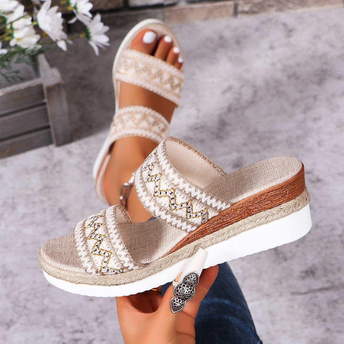 Ethnic Style Woven Sandals: Fashionable Wavy Pattern with Linen Bottom, Wide Strap Wedges for Women in Summer Casual Wear