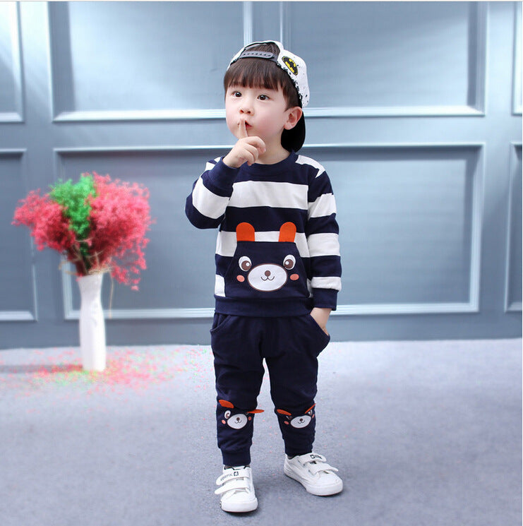 Children's Clothing Suit Boys And Girls Virgin Baby Cartoon Bear Striped Sweater Suit Children