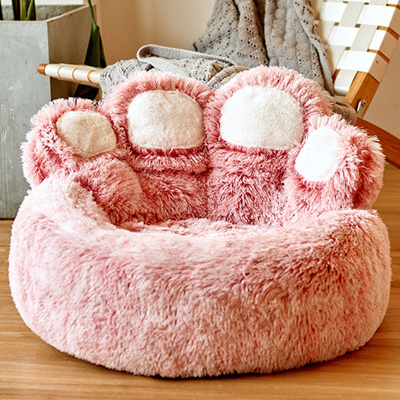 Round Large Pet House with Long Plush Deep Sleeping Area, Bear Paw Shape Super Soft Cushion Calm Beds for Dogs and Cats