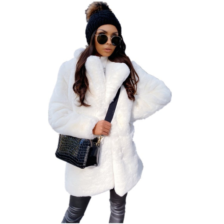 Women's Solid Color Long Sleeve Lapel Faux Fur Coat with a Stylish Temperament