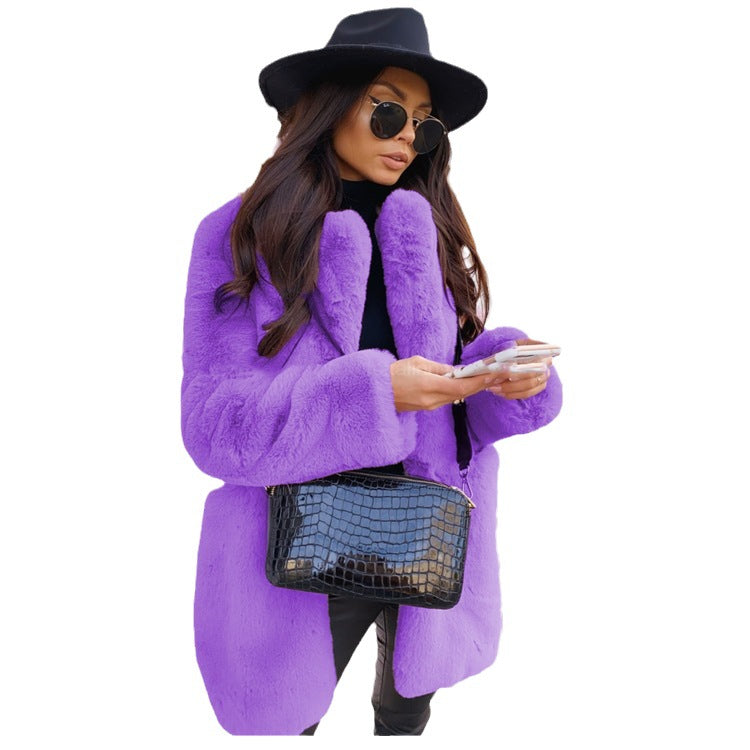 Women's Solid Color Long Sleeve Lapel Faux Fur Coat with a Stylish Temperament