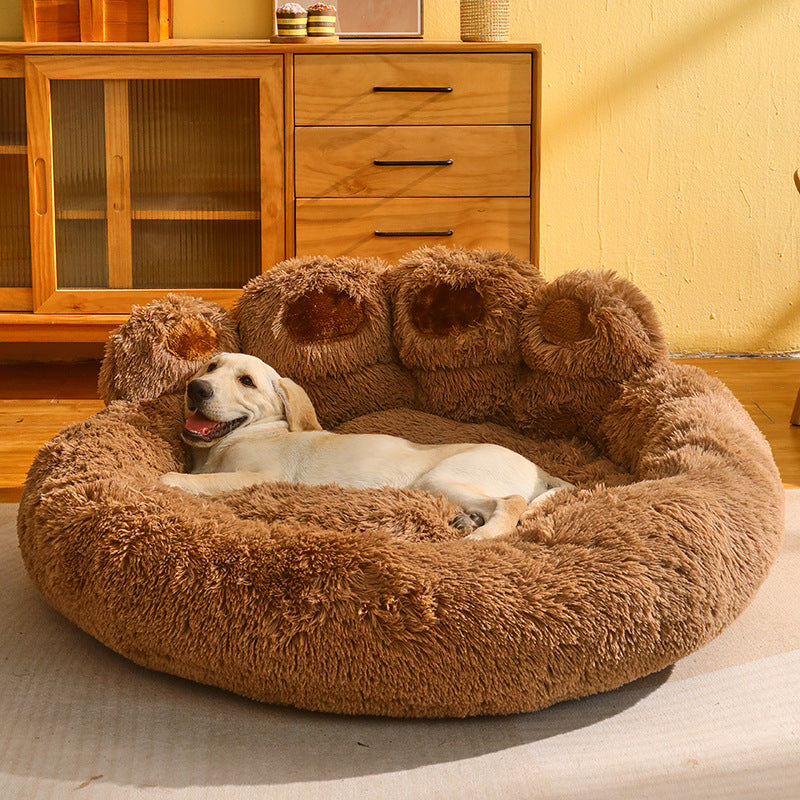 Round Large Pet House with Long Plush Deep Sleeping Area, Bear Paw Shape Super Soft Cushion Calm Beds for Dogs and Cats