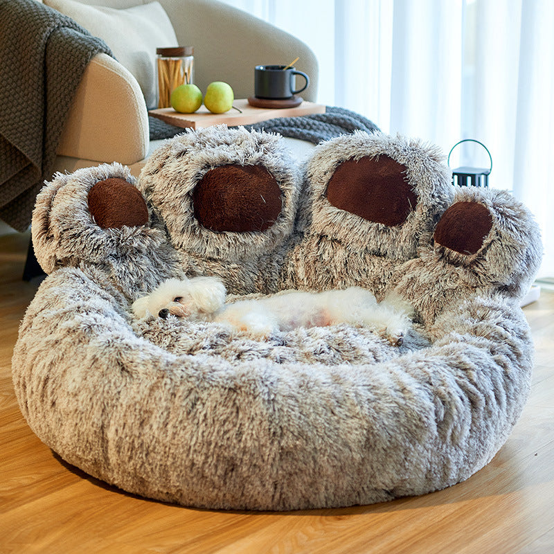 Round Large Pet House with Long Plush Deep Sleeping Area, Bear Paw Shape Super Soft Cushion Calm Beds for Dogs and Cats