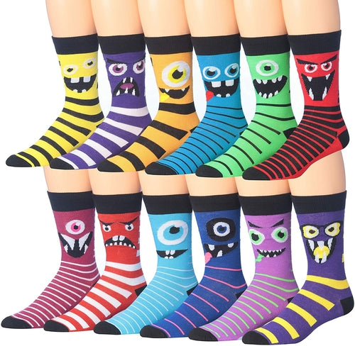 James Fiallo Men's 12-Pack of Crew Socks with Playful Facial Expressions and Striped, Vibrant Colors