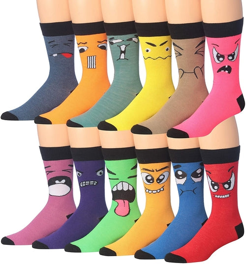 James Fiallo Men's 12-Pack of Crew Socks with Playful Facial Expressions and Striped, Vibrant Colors