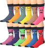 James Fiallo Men's 12-Pack of Crew Socks with Playful Facial Expressions and Striped, Vibrant Colors