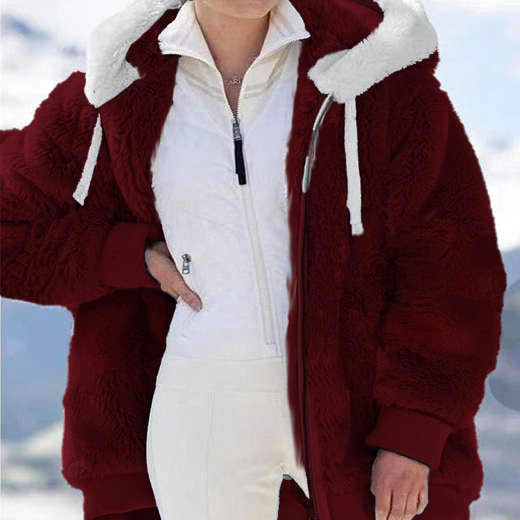 Plush Zipper Hooded Jacket for Women with a Relaxed Fit