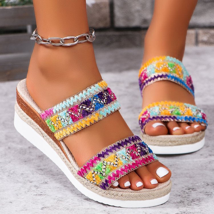 Ethnic Style Woven Sandals: Fashionable Wavy Pattern with Linen Bottom, Wide Strap Wedges for Women in Summer Casual Wear