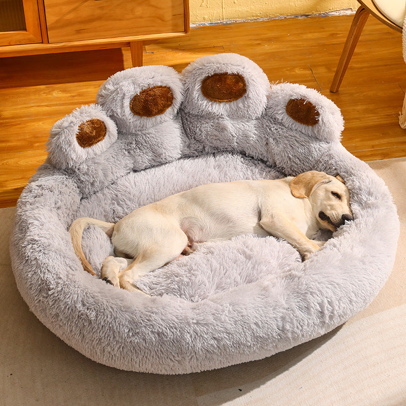 Round Large Pet House with Long Plush Deep Sleeping Area, Bear Paw Shape Super Soft Cushion Calm Beds for Dogs and Cats