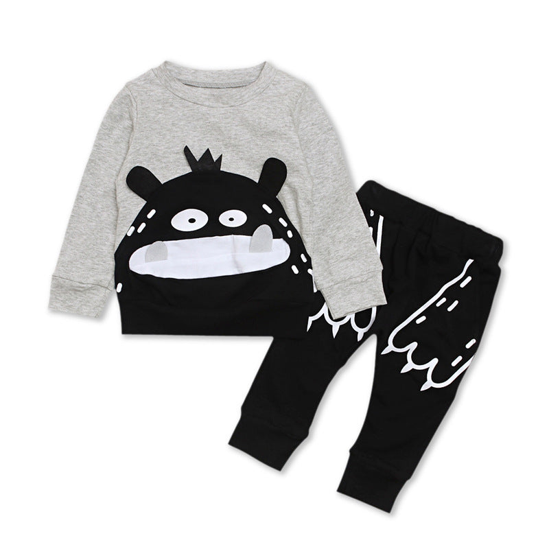 Boys' Long-sleeved Monster Pattern Top And Trousers Two-piece Set