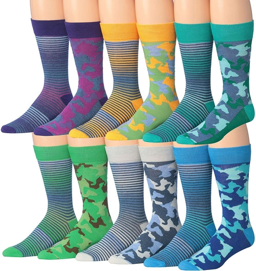 James Fiallo Men's 12-Pack of Crew Socks with Playful Facial Expressions and Striped, Vibrant Colors