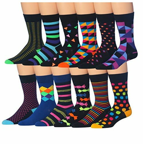 James Fiallo Men's 12-Pack of Crew Socks with Playful Facial Expressions and Striped, Vibrant Colors