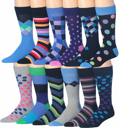 James Fiallo Men's 12-Pack of Crew Socks with Playful Facial Expressions and Striped, Vibrant Colors