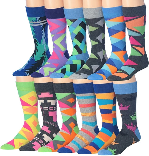 James Fiallo Men's 12-Pack of Crew Socks with Playful Facial Expressions and Striped, Vibrant Colors