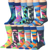 James Fiallo Men's 12-Pack of Crew Socks with Playful Facial Expressions and Striped, Vibrant Colors