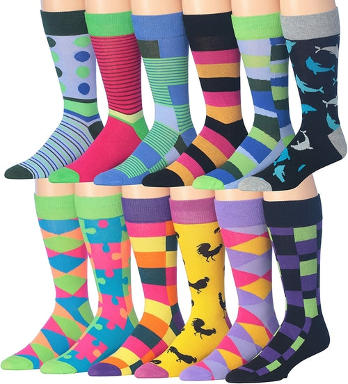 James Fiallo Men's 12-Pack of Crew Socks with Playful Facial Expressions and Striped, Vibrant Colors